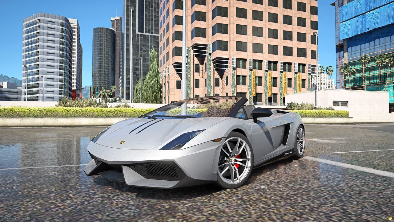Silver Lamborghini on wet city pavement with a Prime CoreFX look