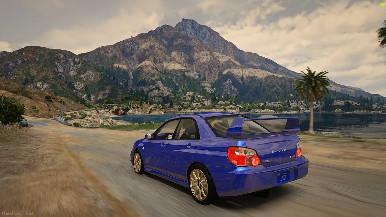 Rally car under Mount Chiliad in FiveM with the Prime Vivid Optimized pack